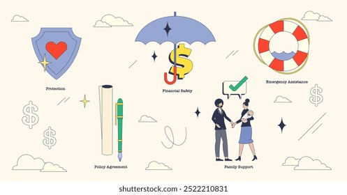 Illustration of life insurance concepts with shield, umbrella, and family in neubrutalism style collection.