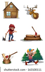 Illustration of a life of a lumberjack on a white background