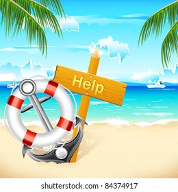 illustration of lifebouy and anchor with help board on sea beach