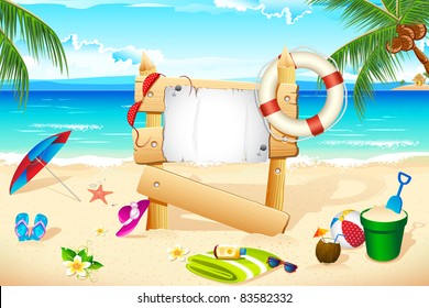 illustration of lifebouy and other beach elements on sea shore