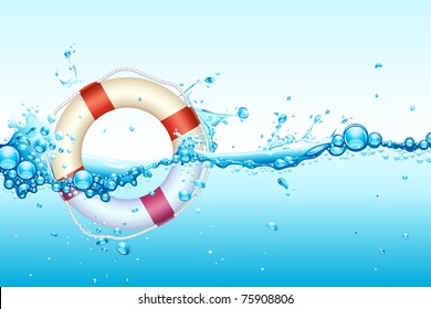 illustration of lifebouy in splash of wavy water