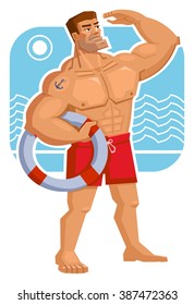 Illustration Of A Lifeguard Holding Lifebuoy. Super Muscular Lifeguard On His Duty. Strongman, Body Builder On Beach. Vector Illustration