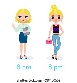 Illustration of lifestyle girl on the work and in free time after work. Blonde, fashion looking young woman who active and fun. 
