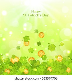 Illustration light background with clovers and coins for St. Patrick's Day - vector