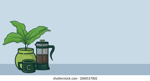 Illustration of a light blue background with a french press coffee object and ornamental plants beside it