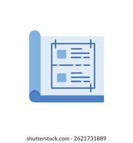 Illustration of a light blue blueprint showcasing a simple schematic plan in flat design style. Minimalist representation.