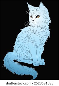 illustration with light blue cat sketch isolated on black background