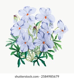 Illustration of light blue flowers with green leaves. Delicate blue petals, vibrant green foliage. Blue flowers, green leaves, artistic floral design. Vintage art illustration, vector.