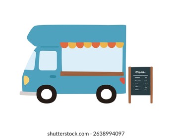 Illustration of a light blue kitchen car with a blackboard next to it