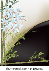 illustration with light blue orchids and green bamboo