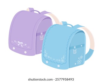 Illustration of a light blue and purple school bag with patterns