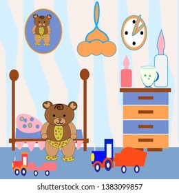 illustration of light blue room baby bed Wallpaper pillow bear mug chest of drawers picture clock lamp bottle baby food toys tractor vector graphics