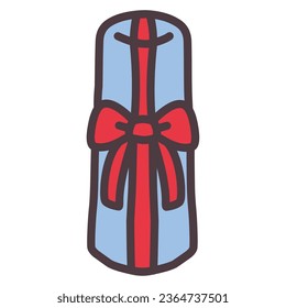 Illustration of a light blue tubular gift box with red ribbon