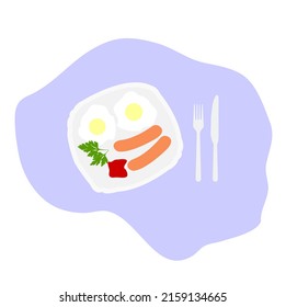 Illustration of a light breakfast with scrambled eggs, sausage, ketchup and a leaf on a white background
