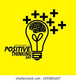 Illustration of a light bulb with a brain and multiple plus signs with bold text on a yellow background to celebrate Positive Thinking Day on September 13