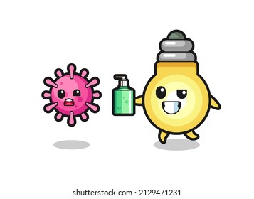 illustration of light bulb character chasing evil virus with hand sanitizer , cute style design for t shirt, sticker, logo element