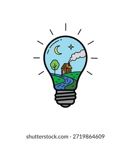 Illustration of a light bulb containing a miniature landscape with a river tree and a small house