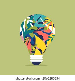 Ilustración de una bombilla iluminada con hojas. Concepto de energía verde