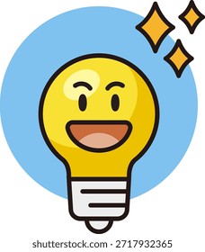 Ilustración de una bombilla con una cara. Una lámpara sonriente. La expresión de una idea.