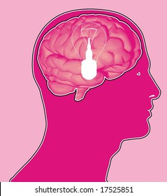 Illustration with light bulb icon overlaid on a cross section of the human brain.