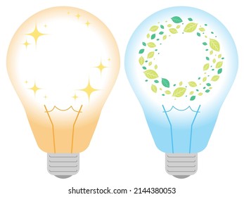 Illustration of a light bulb with leaves inside and a warm glowing bulb. Image of energy.