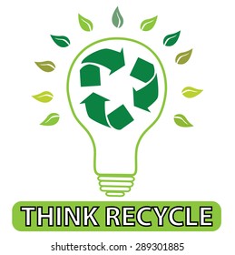 illustration of light bulb with recycle icon inside with leaves around