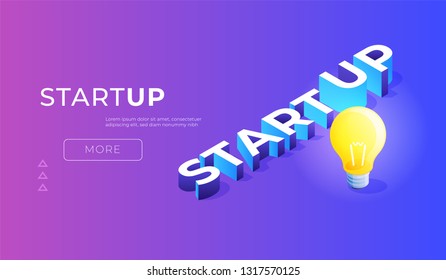 Illustration of light bulb. Startup concept landing page design.