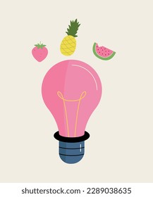 Illustration Light bulb with Strawberry, Pineapple,Watermelon