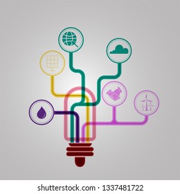 Illustration, light bulb technology with symbols, nature and environment