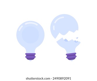 illustration of a light bulb that is in good condition and a broken lamp. the glass of the light bulb was shattered. condition of the object. symbol or icon. flat style design. graphic elements