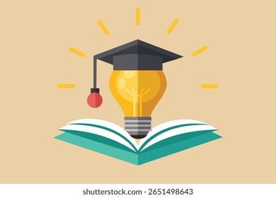 Illustration of a light bulb wearing a graduation cap, representing learning, education, and creativity, displayed over an open book on a soft background.