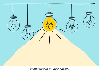 Illustration of light bulbs hanging from a rope on a blue background. Idea Concept of simplifying Complex Business Process Problem