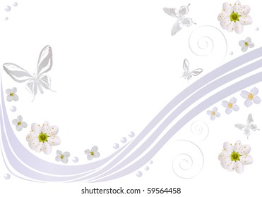 illustration with light butterflies and flowers on white background