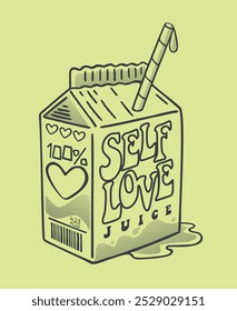 Illustration in light and casual lines of a self-love juice box. Art for decoration, cards, prints, etc.