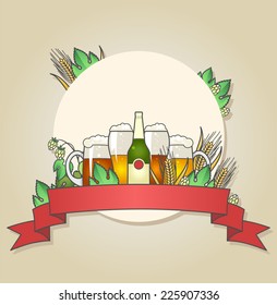 Illustration of light and dark beer with wheat and hops