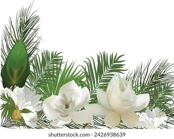 illustration with light flowers and green leaves on white background