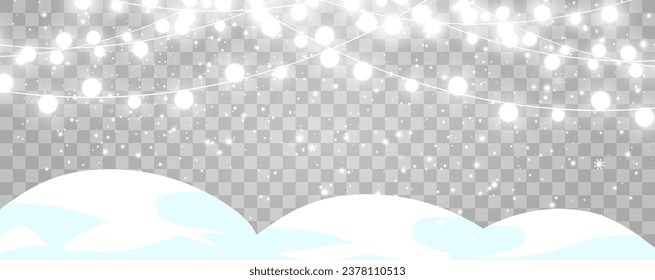 Illustration of a light garland on a snowy background.