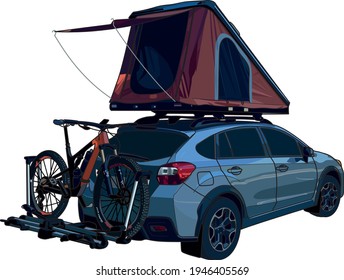 illustration of a light gray automobile with an open orange roof tent on top and with a mountain bike on a rack
