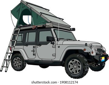 
illustration of a light gray off-road vehicle with an open green roof tent on top, a ladder on the side and a shovel whith red handle