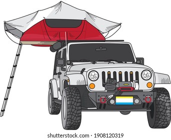 illustration of a light gray off-road vehicle with an open red roof tent on top, a lader on the side and a rolled up awning 