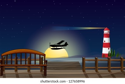 Illustration of a light house, an airplane and a sea in a dark night