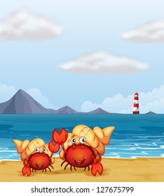 Illustration of a light house and crabs on a beautiful beach