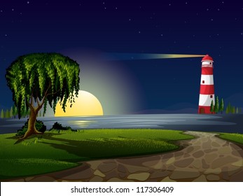 illustration of a light house and stars in night sky