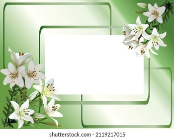 illustration with light lily flowers iin green frame