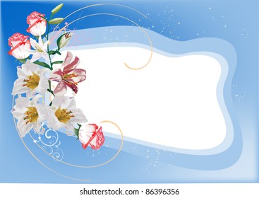 illustration with light lily and rose flowers on blue background