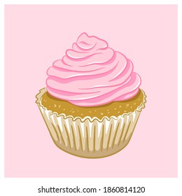 Illustration of light pink cupcake isolated on pastel pink background. Sweet and cute cartoon cupcake. Good for cards, prints, hang tags, stickers etc. Classic cupcake with cream cheese frosting.