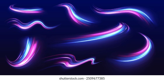 Ilustración de rayo de luz, línea de franja con luz azul, fondo de movimiento de velocidad. Espirales radiales de color. Efecto de flujo de aire de líneas brillantes azules de Vector.	