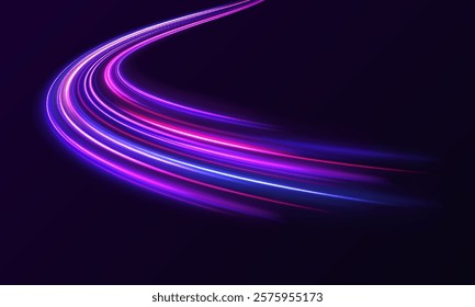 Illustration of light ray, stripe line with blue light, speed motion background. Radial color spirals. Vector blue glowing lines air flow effect.	
