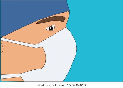 Illustration eines hellhäutigen Mannes mit weißer Munddecke und medizinischer Verschlusskappe auf blauem Hintergrund