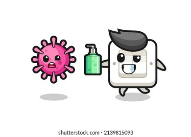 illustration of light switch character chasing evil virus with hand sanitizer , cute style design for t shirt, sticker, logo element